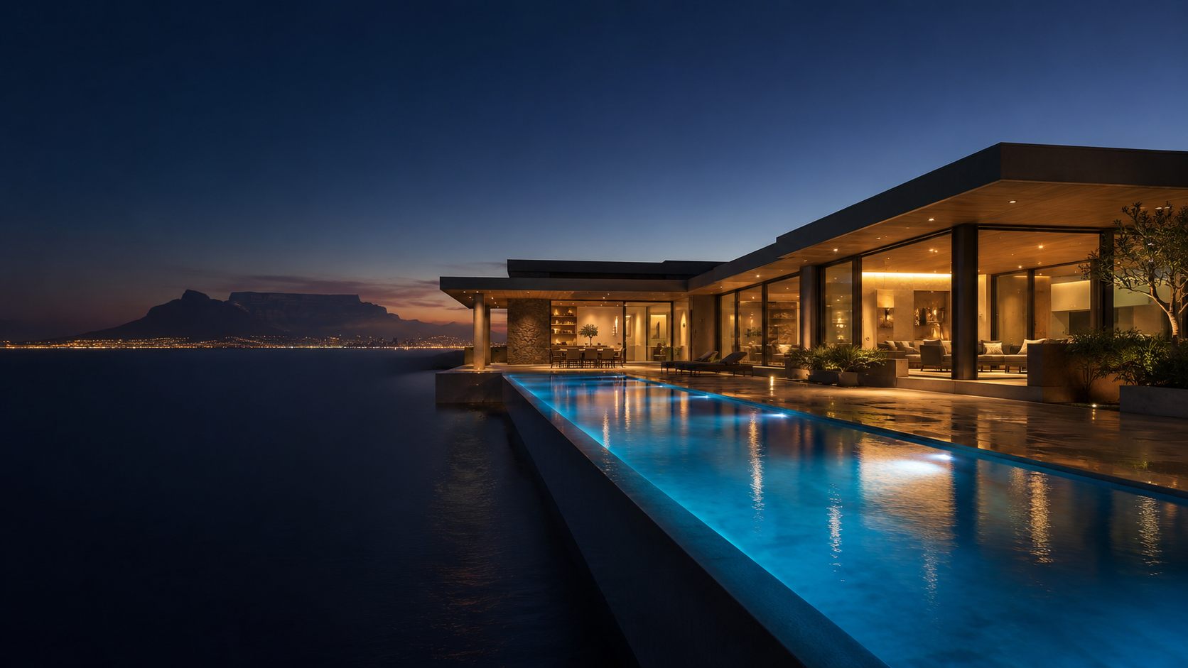 Modern Cape Town home with a glowing swimming pool at dusk